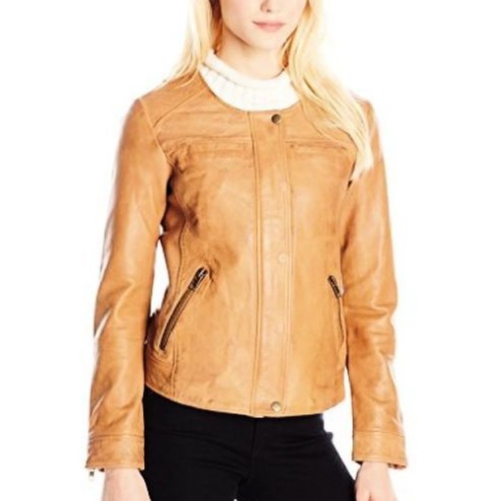 🎉HP 🎉🆕Lucky Brand camel leather bomber jacket NWT XS